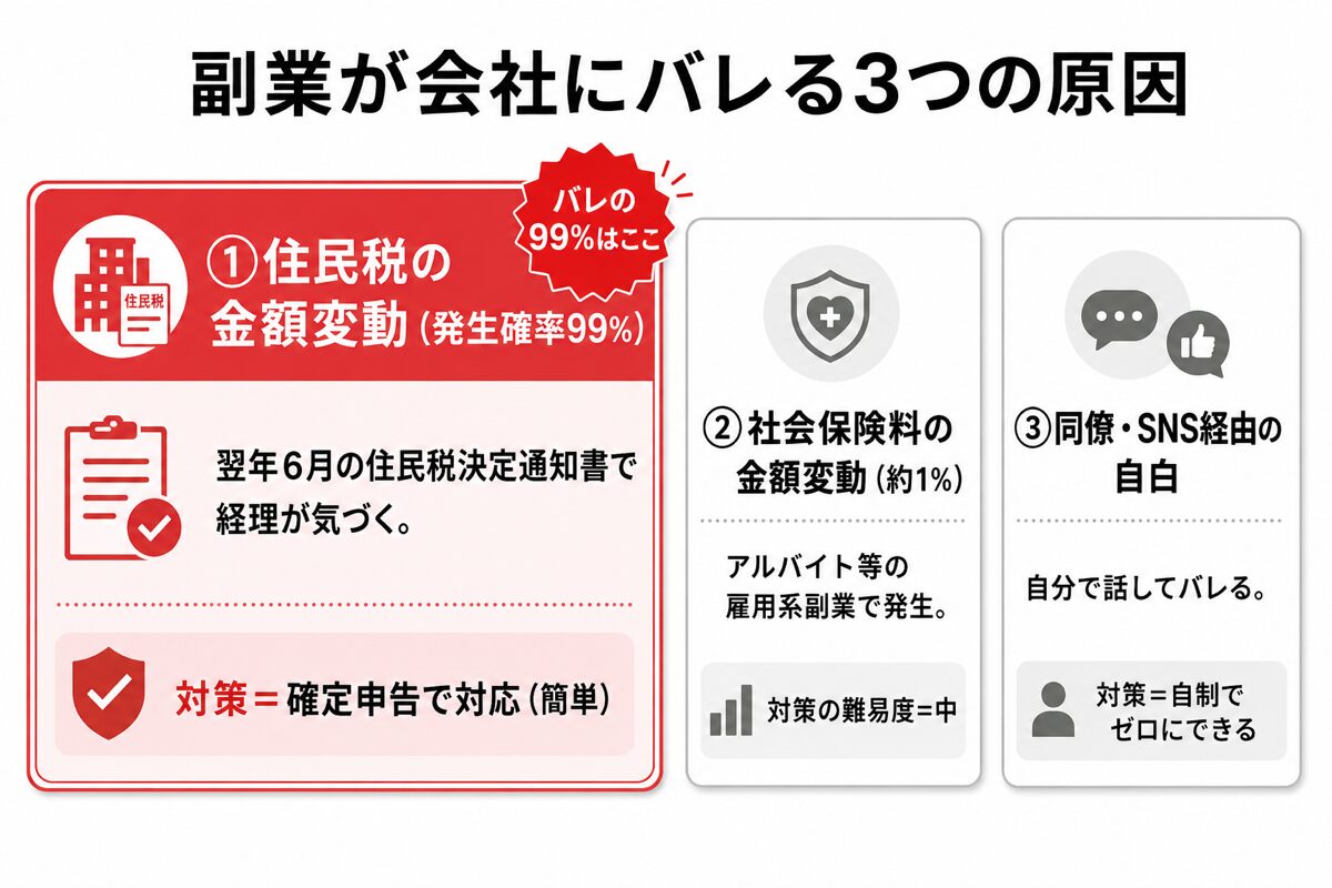 副業が会社にバレる仕組み:副業収入→住民税増→会社に通知→副業バレ発生の4ステップフロー図