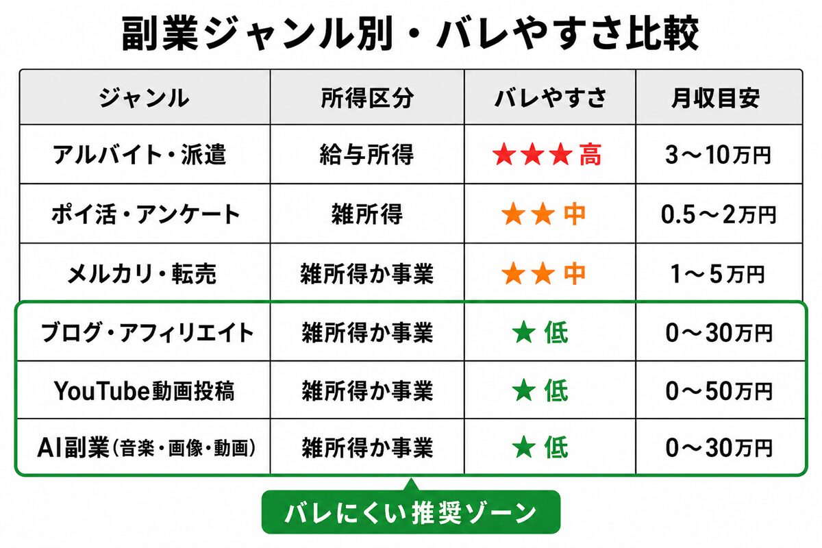 副業ジャンル別バレやすさマトリクス:YouTube・AI副業・ブログが右下の推奨ゾーン(バレにくく稼げる)、アルバイト派遣は右上(バレやすい)