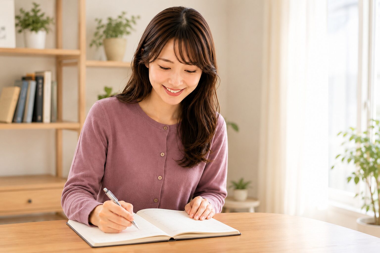 朝の部屋で手帳に1週間の予定を書き込む女性