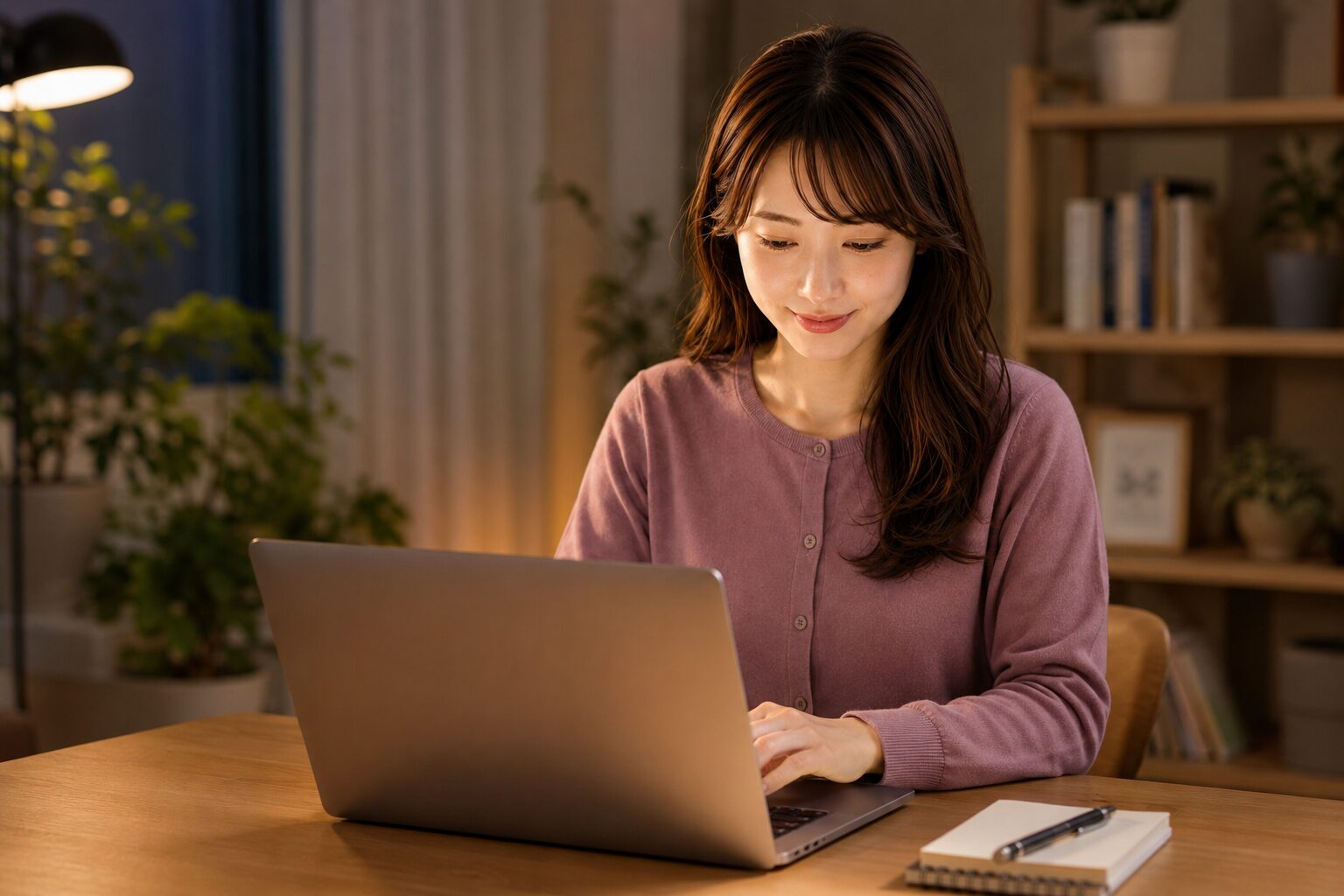 夜のデスクでノートPCに落ち着いて集中する女性
