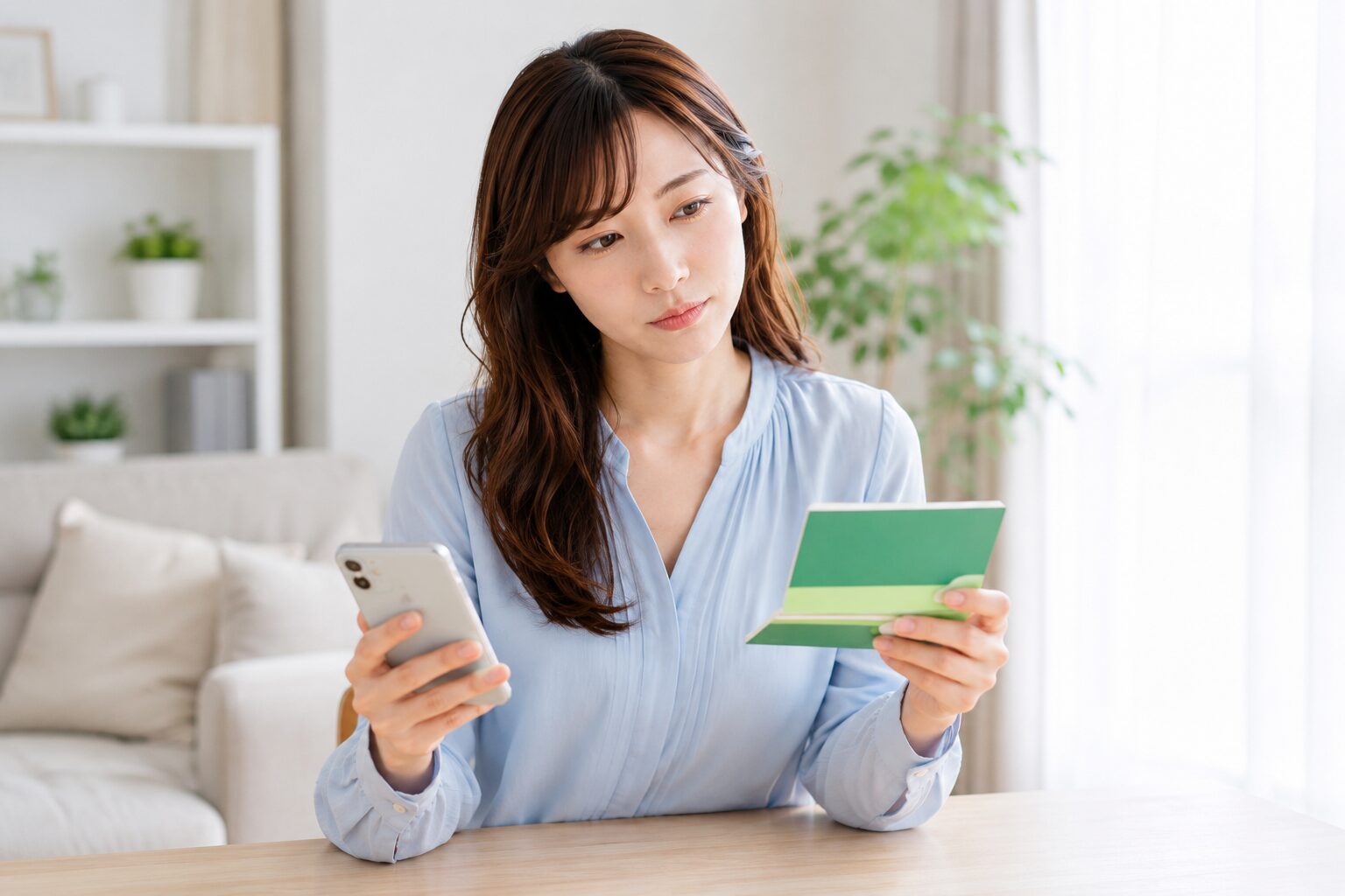 スマホと通帳を見比べて確定申告が必要か考える女性