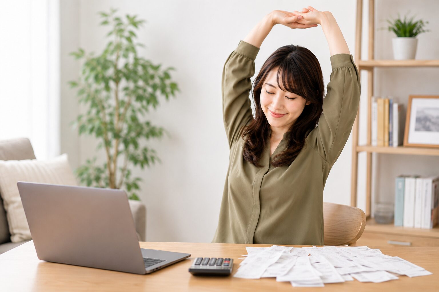 申告書類の作業を終えてほっと伸びをする女性