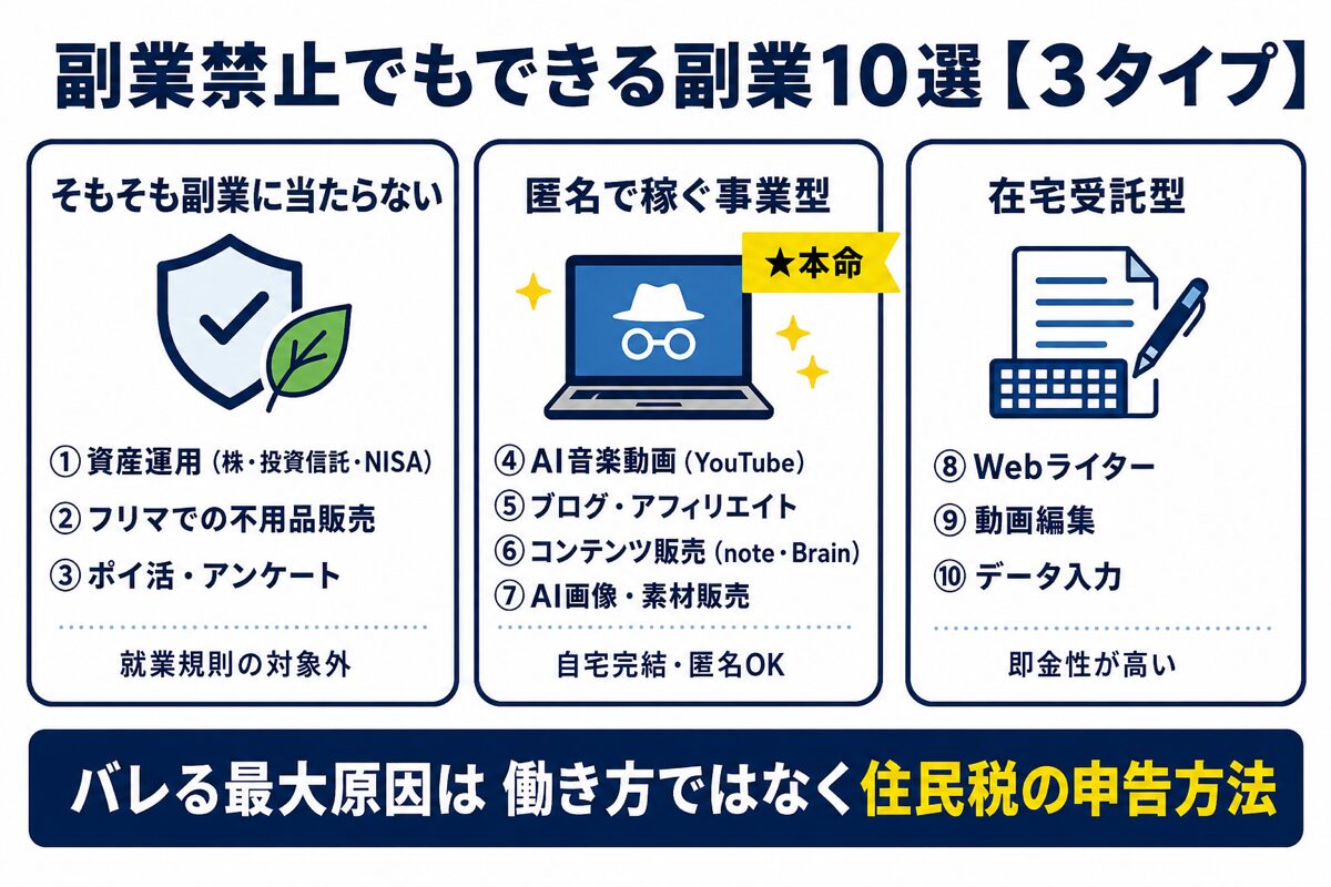 副業禁止でもできる副業10選を3タイプに分類した図解