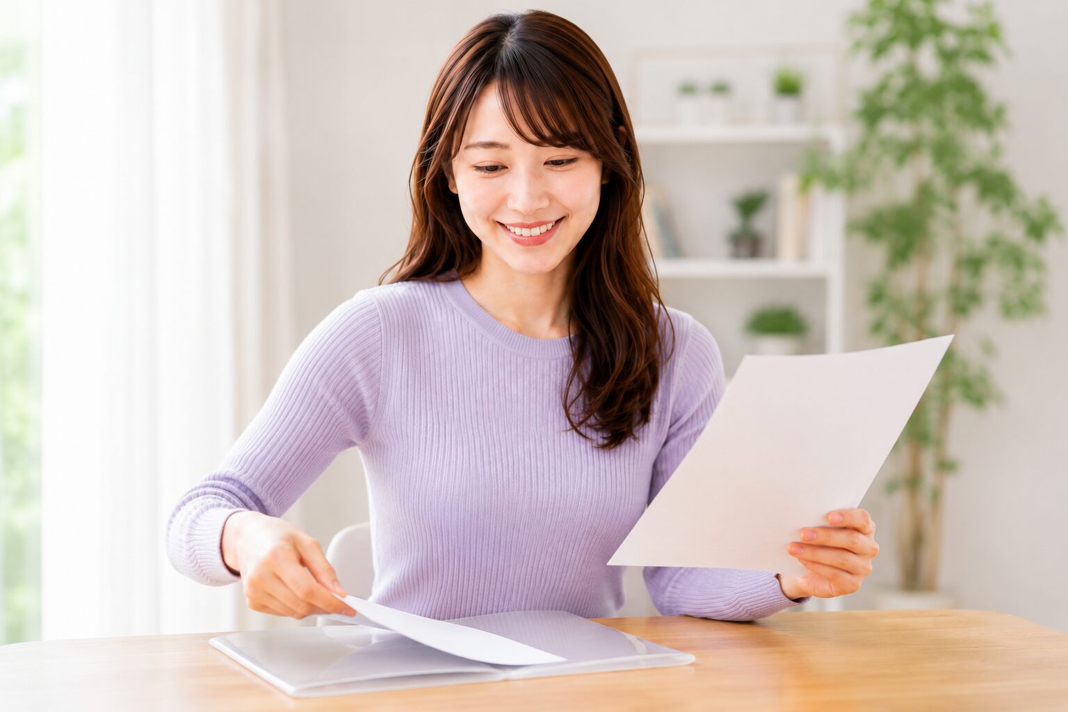 片方の書類をファイルにしまいすっきりした表情の女性