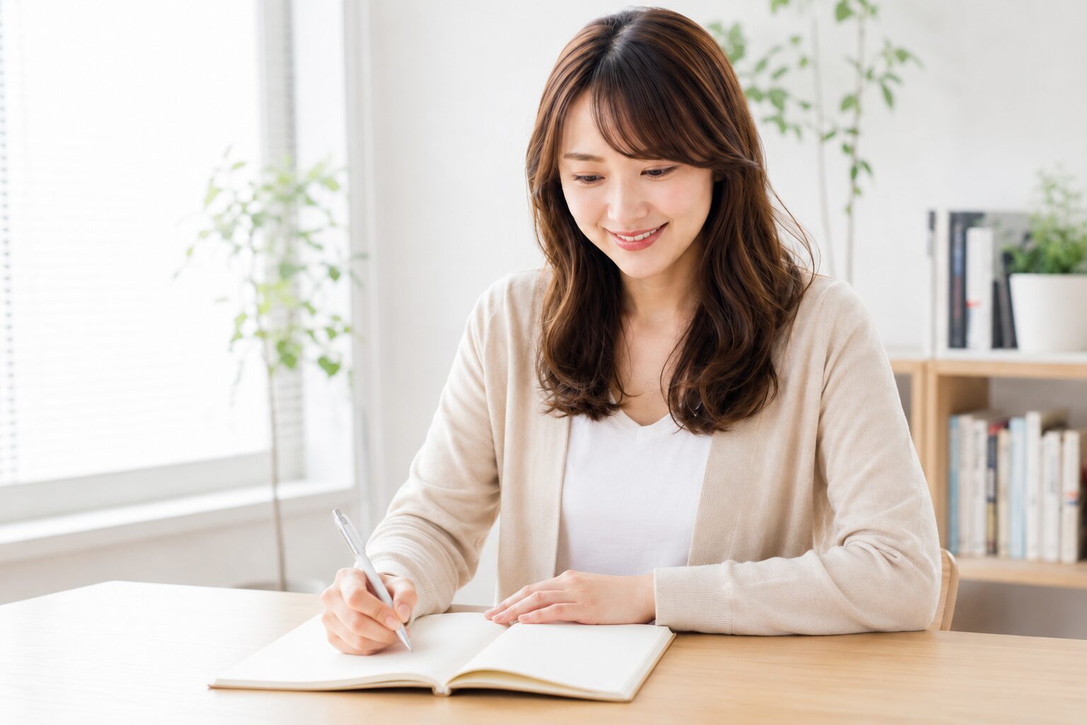 ノートに計測するキーワードのリストを書き出す女性