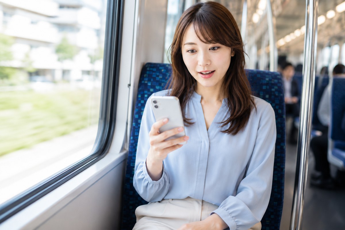 通勤電車でスマホを見て新しい発見をする女性