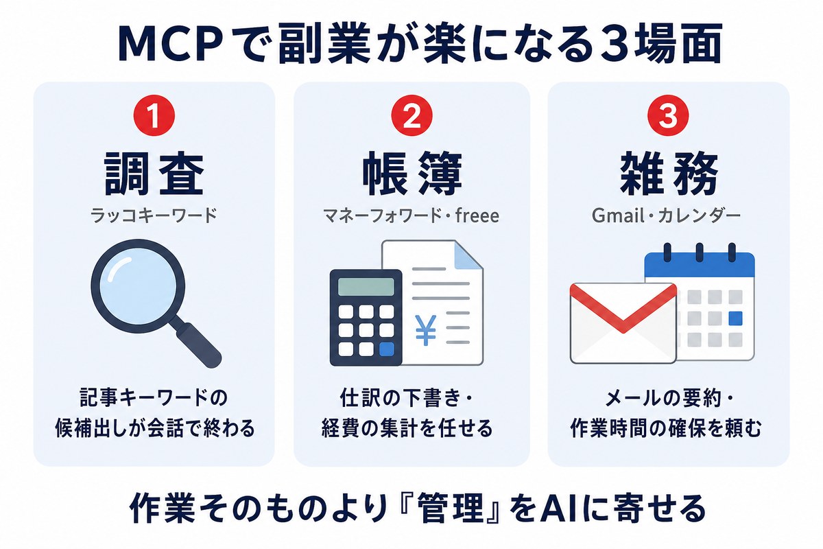 MCPで副業が楽になる3場面(調査・帳簿・雑務)の図解