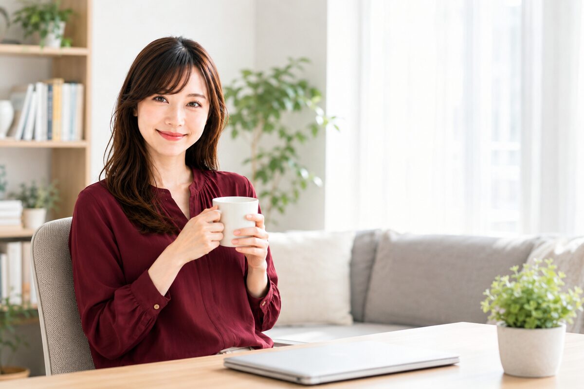 画像生成の作業を終えてひと息つく会社員のイメージ