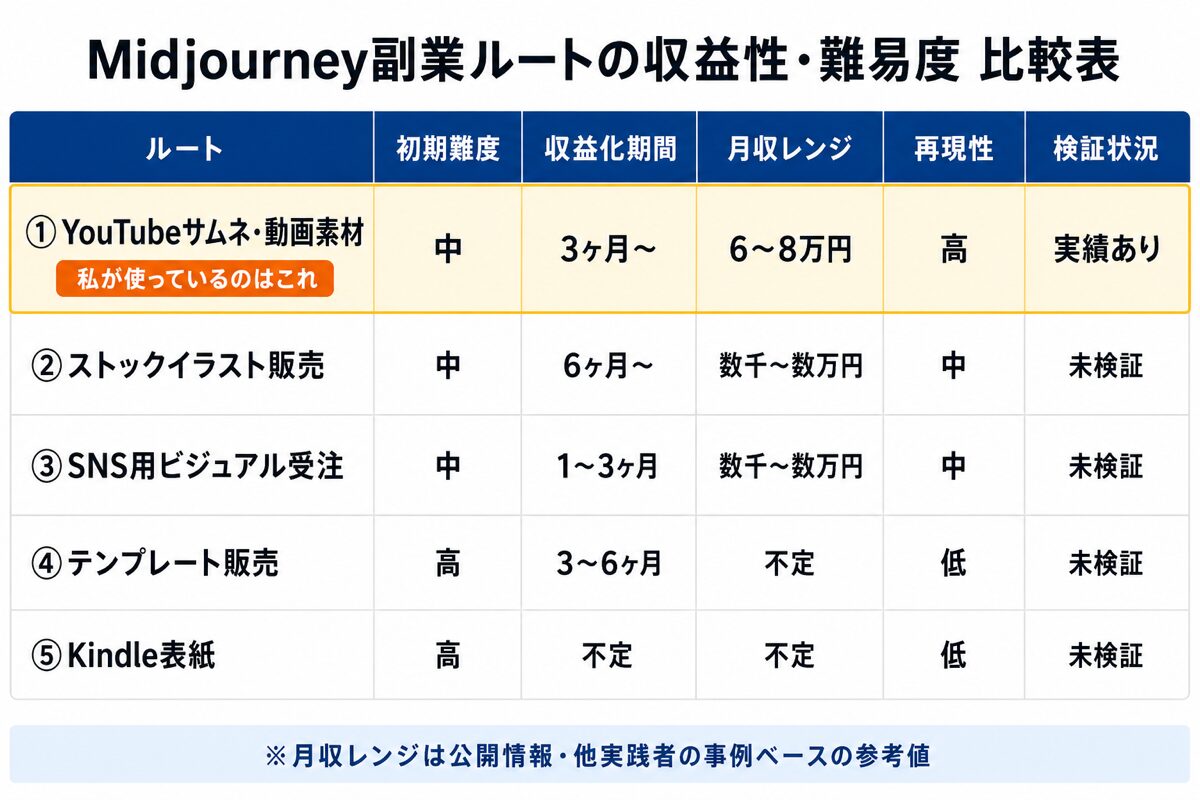 Midjourney副業5ルートの初期難度・収益化期間・月収レンジ・再現性の比較表