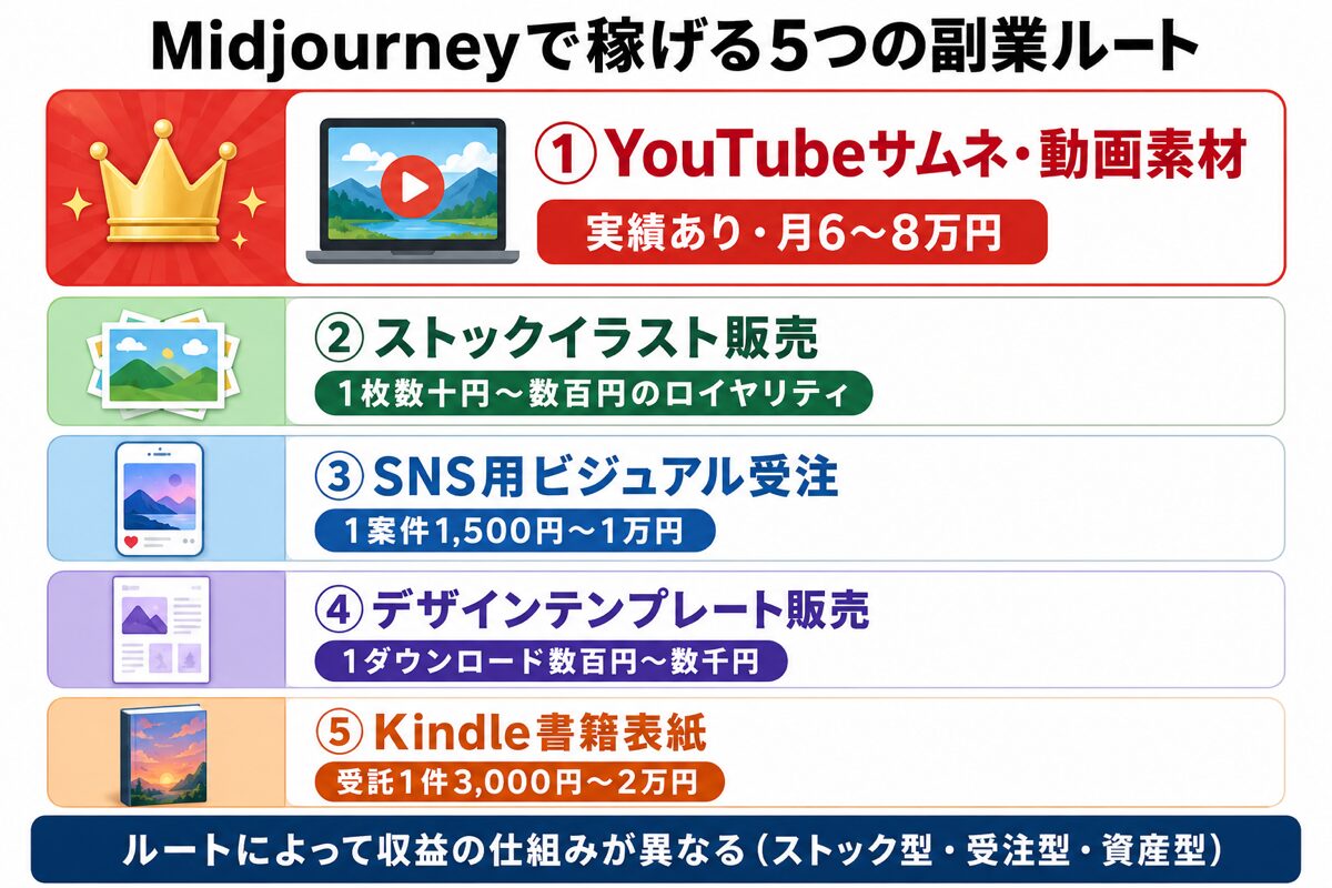 Midjourneyで稼げる5つの副業ルート(YouTube素材・ストック販売・SNS受注・テンプレ販売・Kindle表紙)の全体像図解