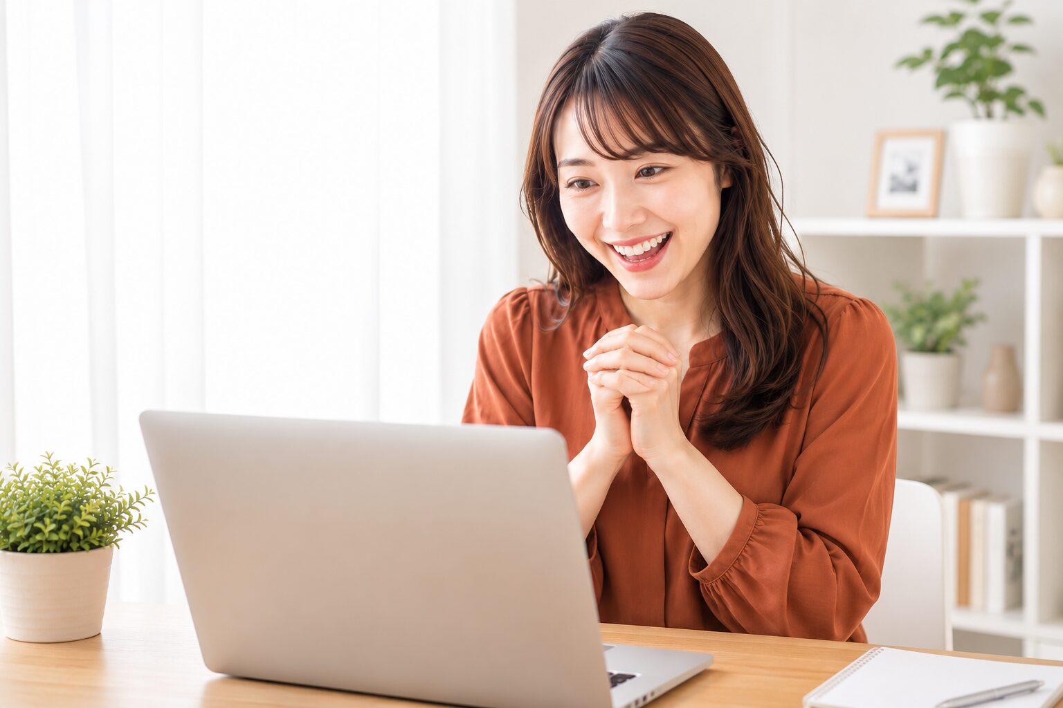 自宅デスクでノートPCを開きMidjourneyを始めようとする女性