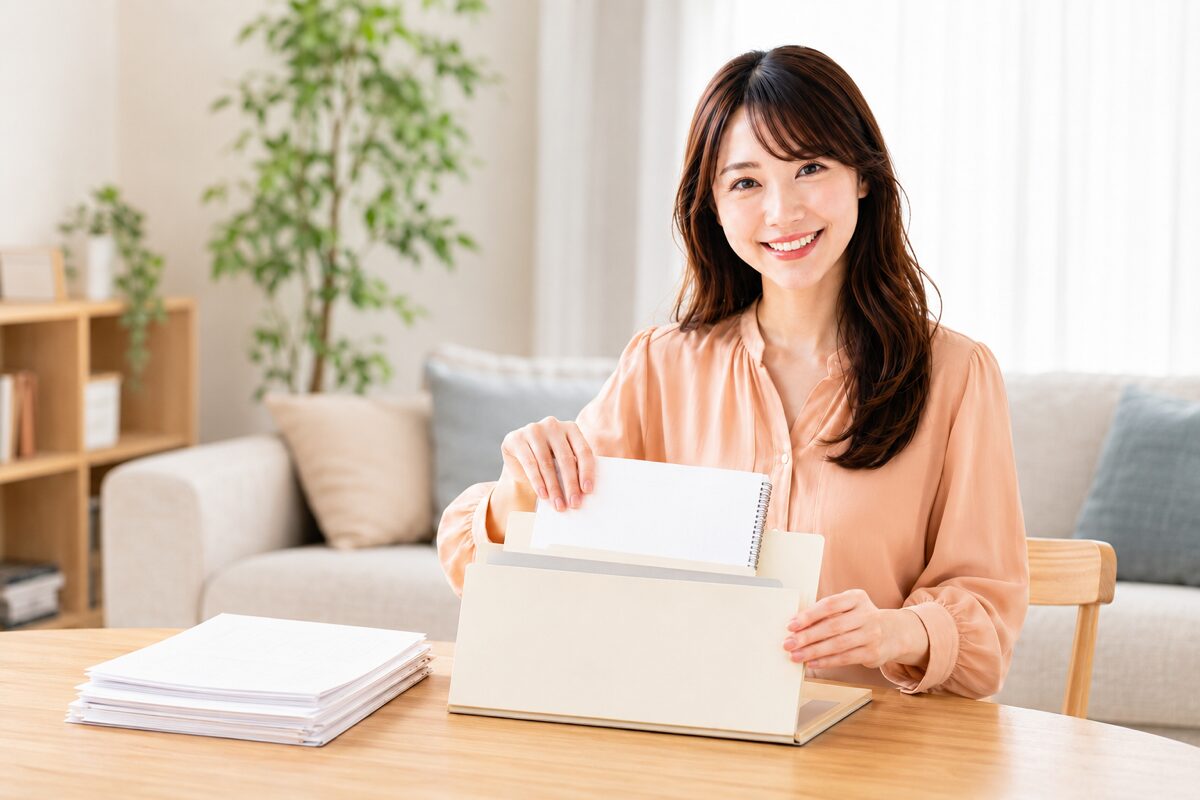 確定申告の書類を整理し終えて安心する会社員のイメージ