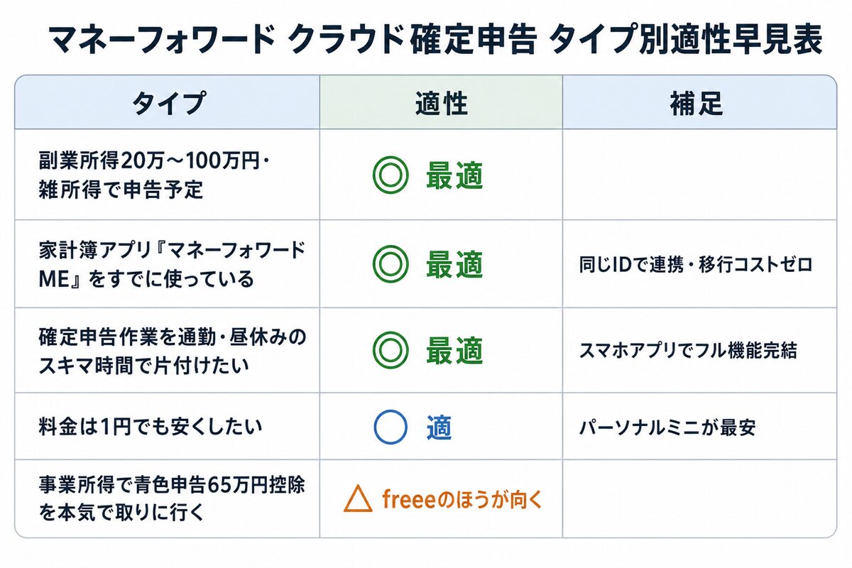 副業会社員タイプ別のマネーフォワード クラウド確定申告の適性早見表