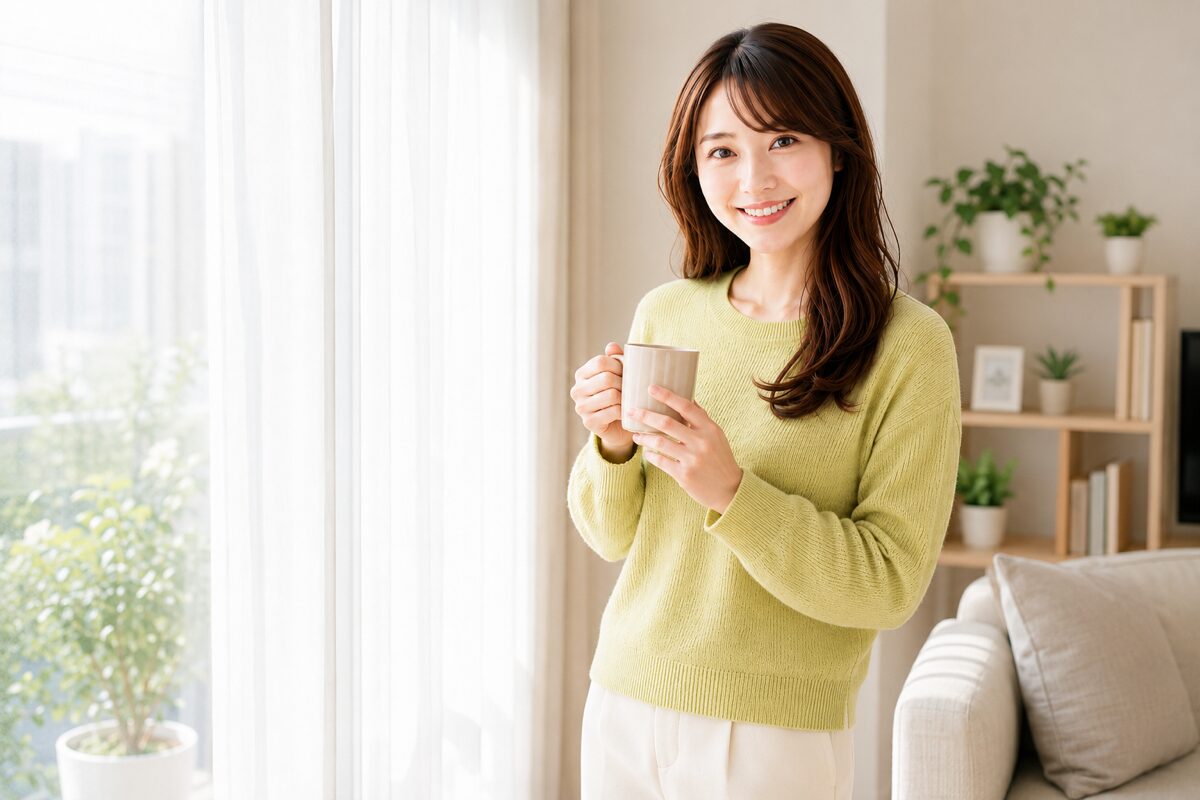 作業を終えて窓際でひと息つく会社員のイメージ