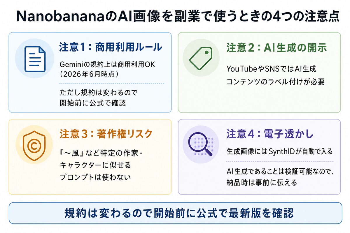 Nanobananaを副業で使うときの4つの注意点(商用利用・AI開示・著作権・SynthID)の図解