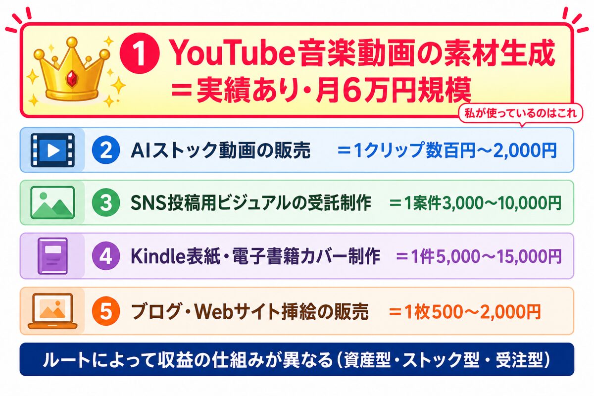 Nanobanana副業の5つの稼ぎ方(YouTube素材・ストック動画・SNS受託・Kindle表紙・ブログ挿絵)の図解