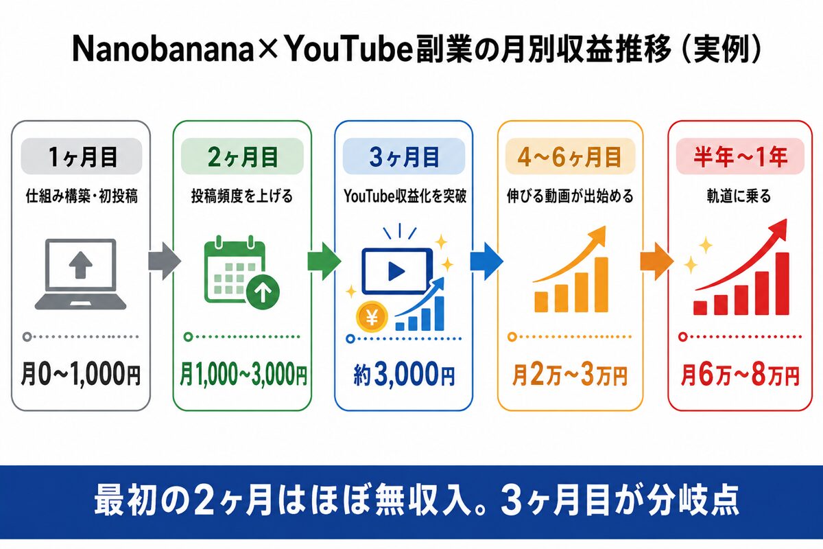 Nanobanana×YouTube副業の月別収益推移(1ヶ月目から半年〜1年まで)の図解
