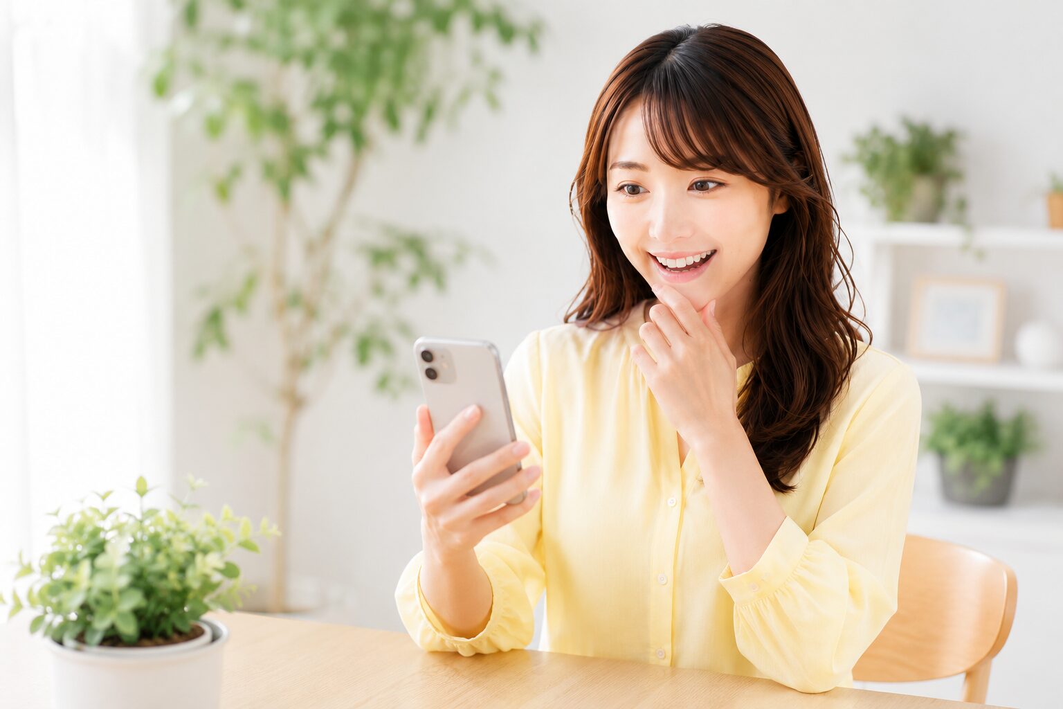 スマホでAIが生成した画像を見て驚き楽しむ女性