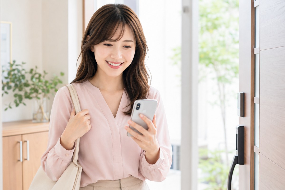 出かける前にスマホで検索順位を確認する女性