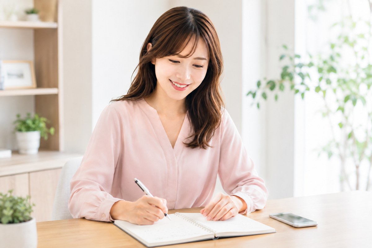 計測キーワードのリストをノートに書き出す女性