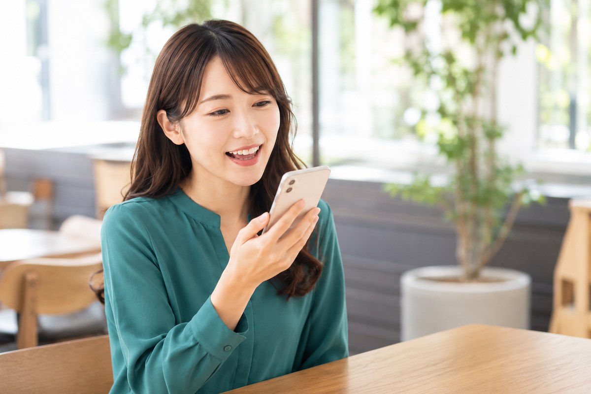 カフェでスマホのAIに話しかけてキーワード調査を頼む女性
