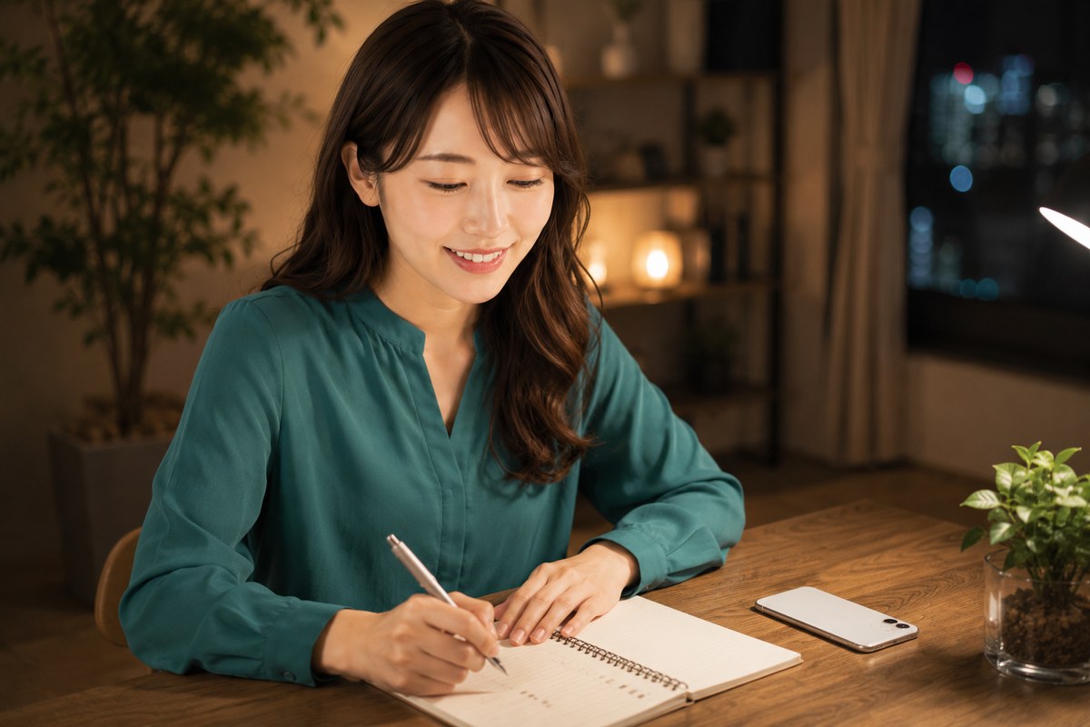 夜の自宅デスクでキーワード候補をノートに書き出す女性