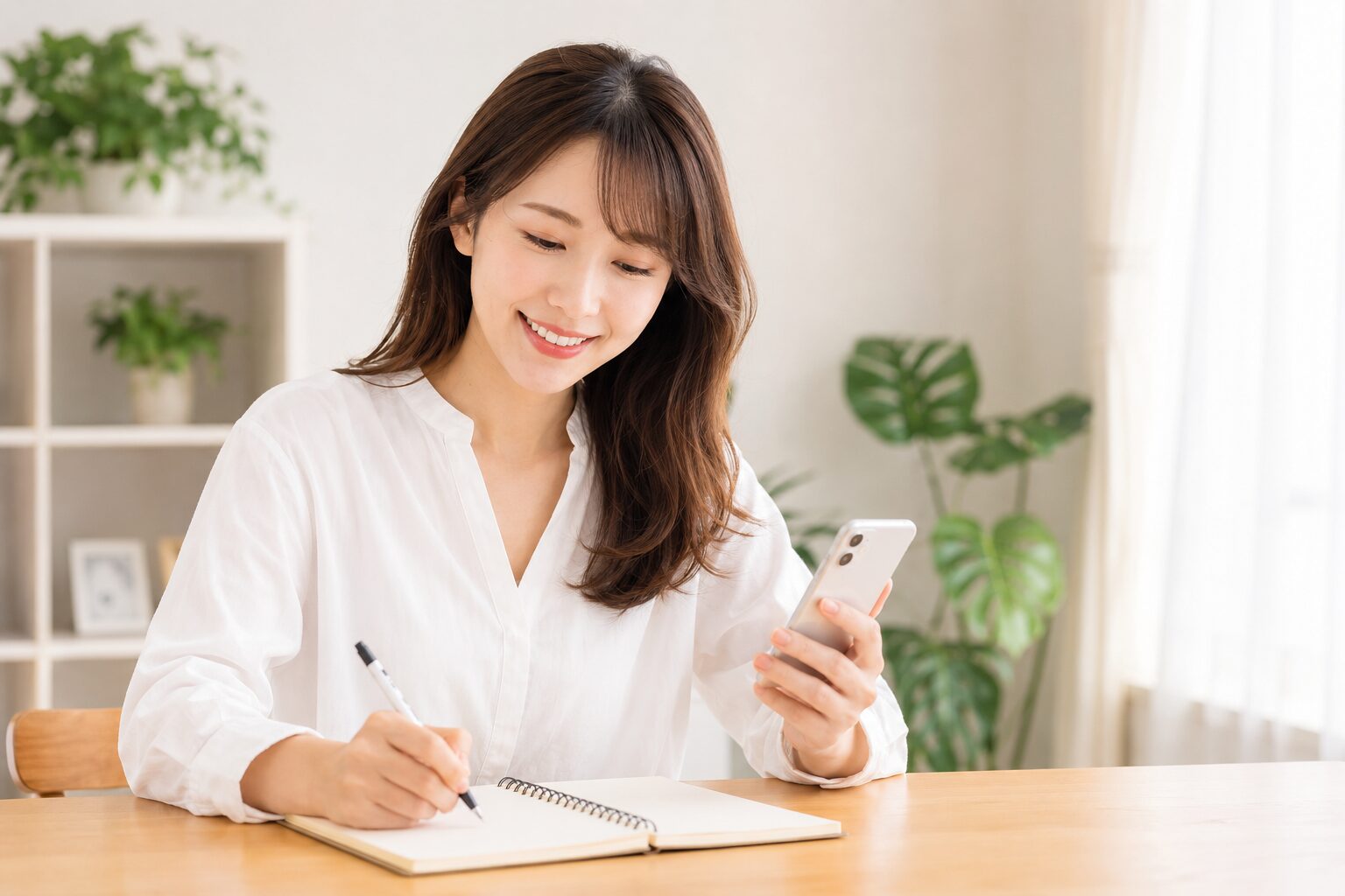 スマホを見ながらノートに記事のアイデアを書き出す女性