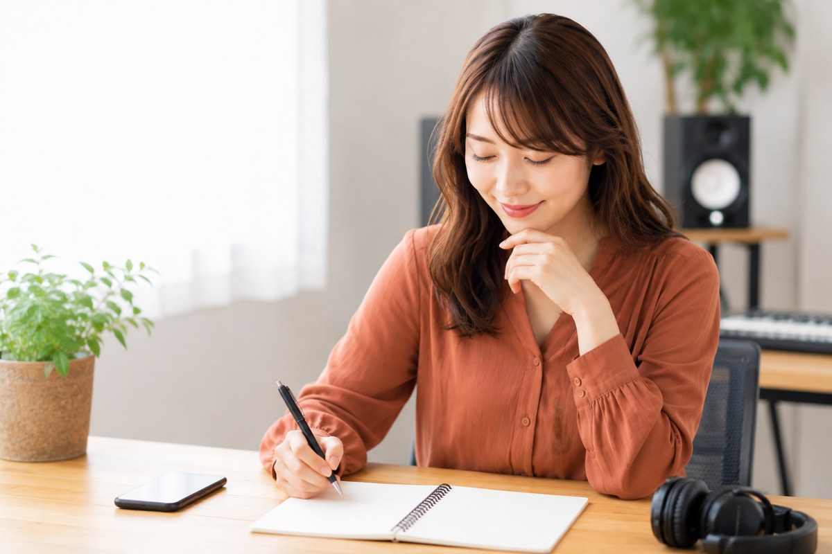 ノートに使い分けを書き出して考える女性