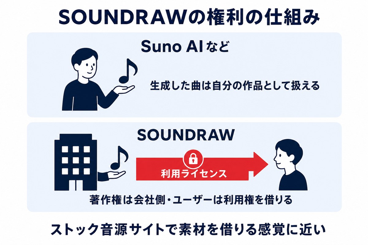 SOUNDRAWの権利の仕組み(Suno AIとの対比図解)