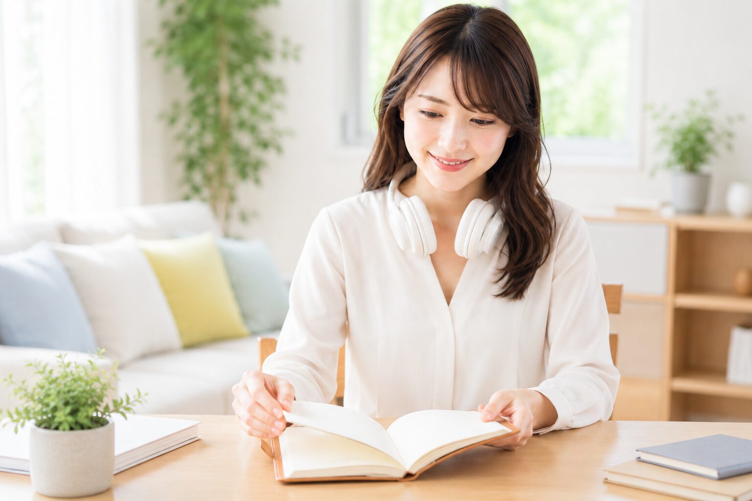 手帳を開いて180日の副業記録を振り返り微笑む女性