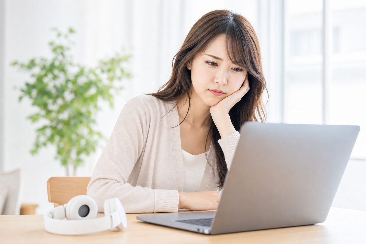 ノートPCで作業しながら困り顔で考える女性