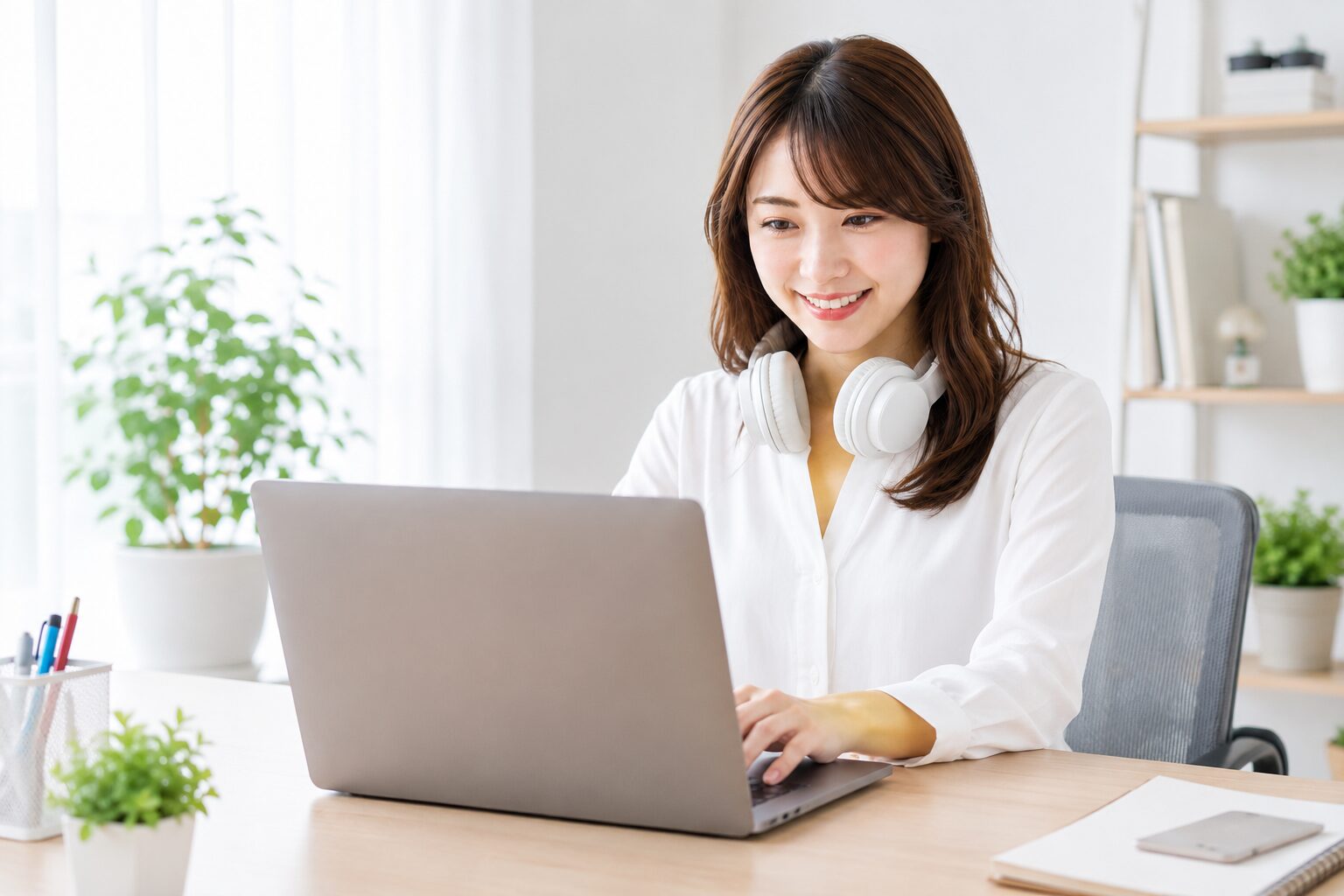 ノートPCで笑顔で作業する女性