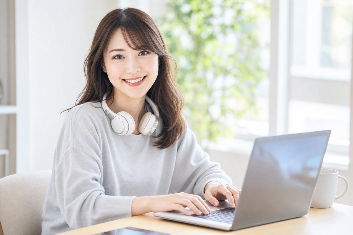 ノートPCで笑顔で作業する女性