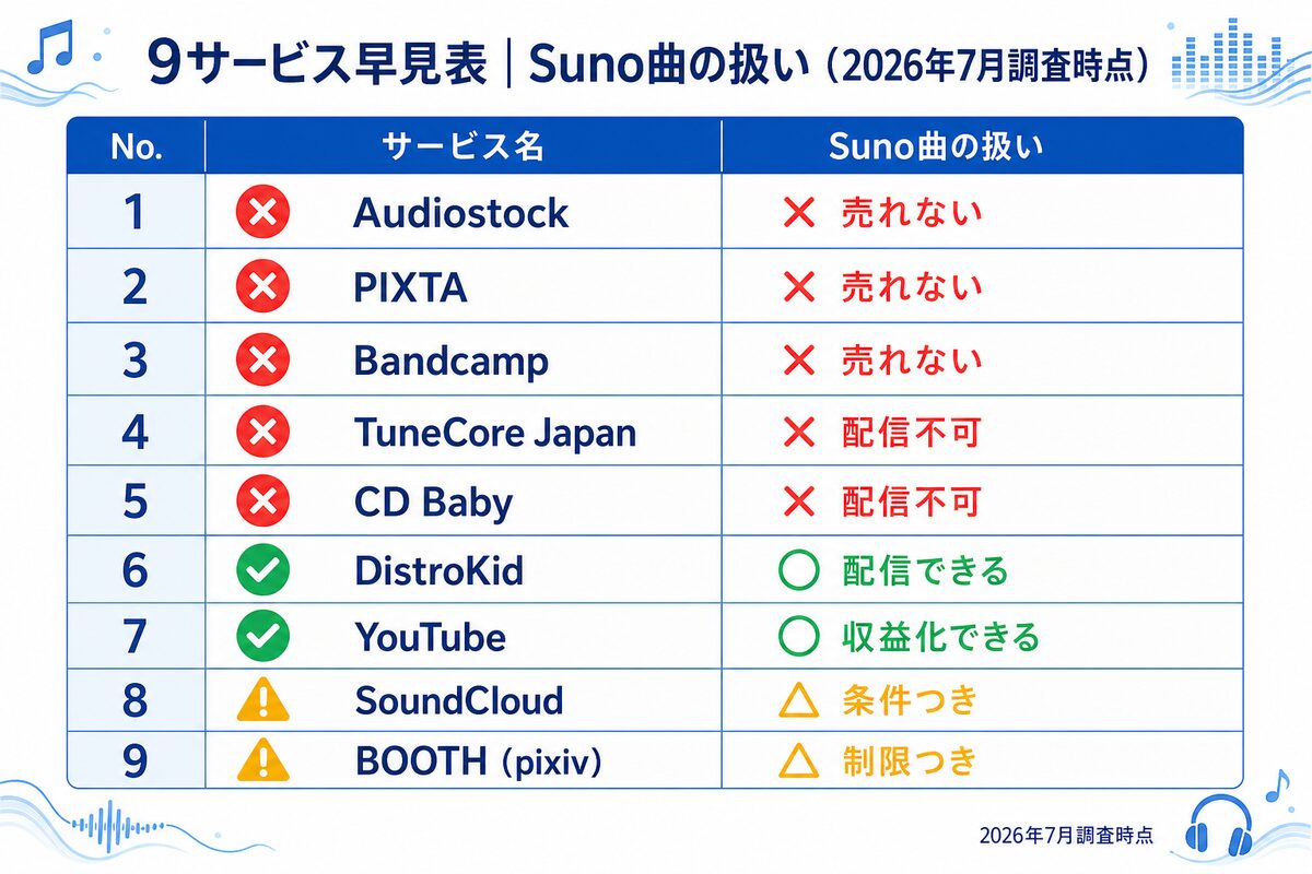 9サービス早見表|Suno曲の扱い(2026年7月調査時点)
