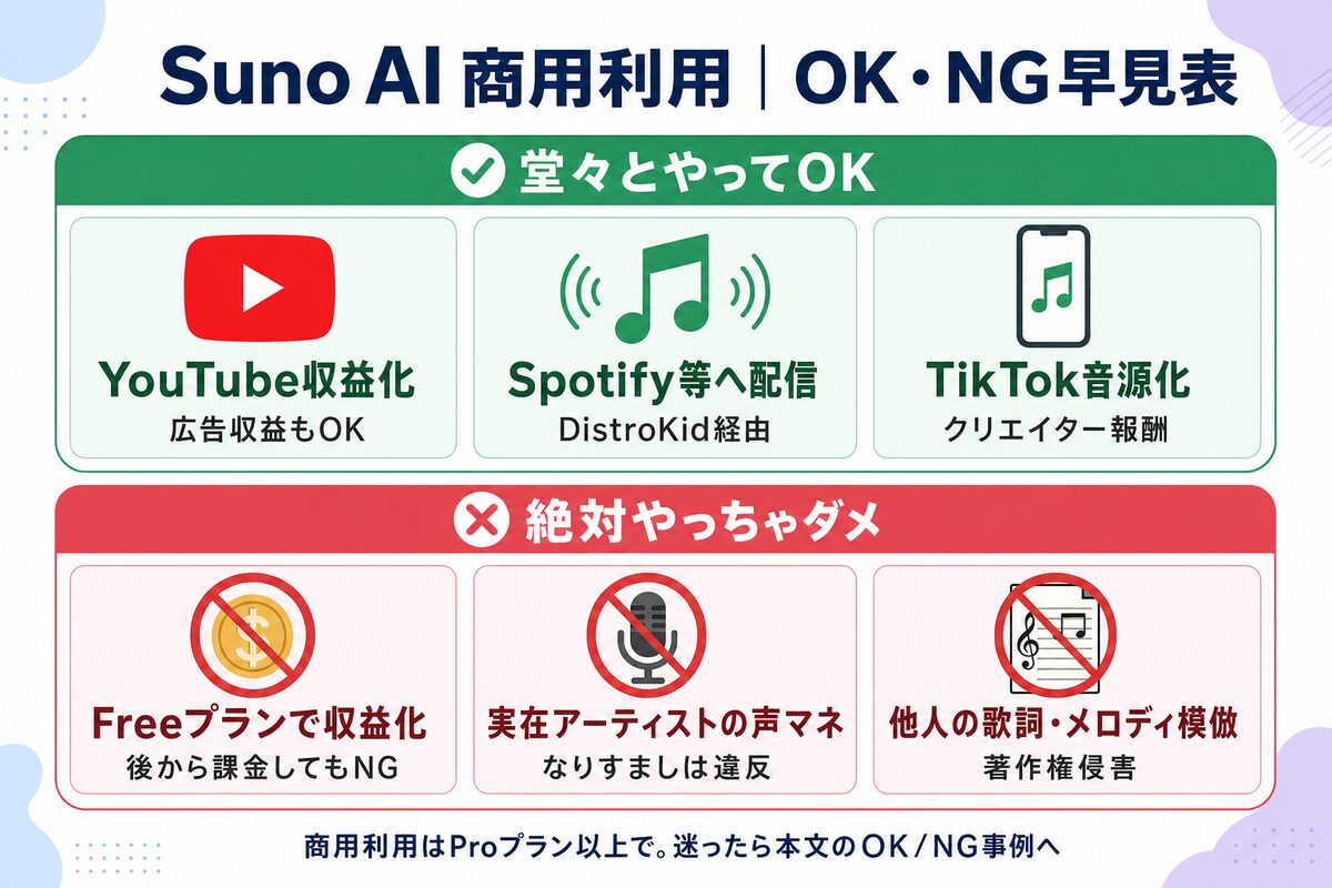 Suno AI商用利用のOK・NG早見表(OK:YouTube収益化・Spotify配信・TikTok音源化/NG:Freeプラン収益化・実在アーティストの声マネ・他人の歌詞模倣)