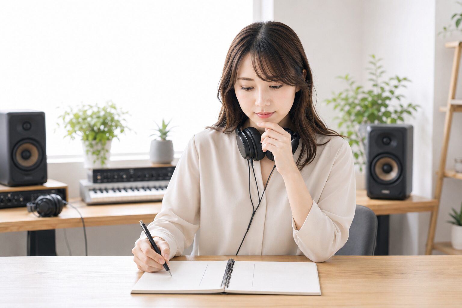 ヘッドホンを首にかけノートに2つのAI作曲ツールの比較メモを書く女性