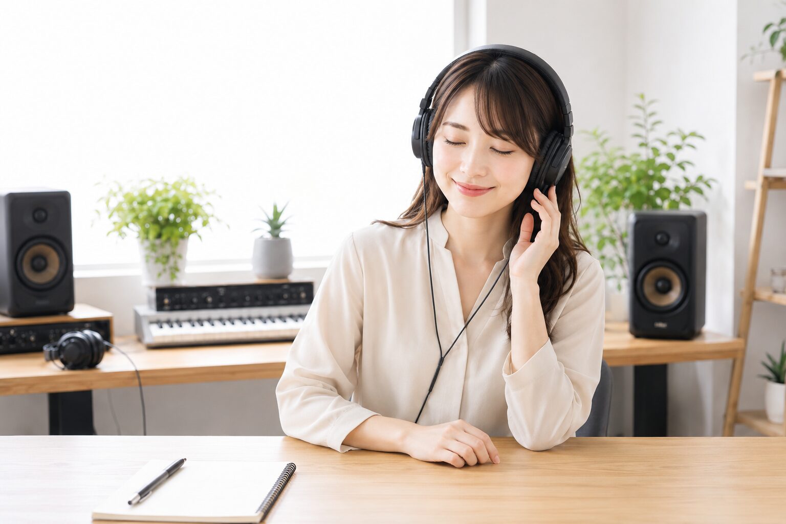 ヘッドホンで曲を聴き比べて納得した表情の女性