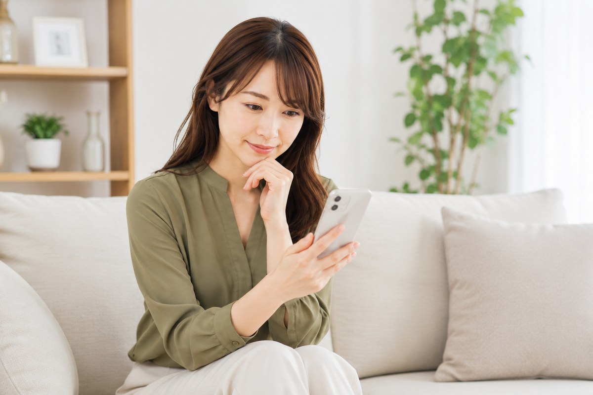 スマホで動画編集講座を見比べる女性