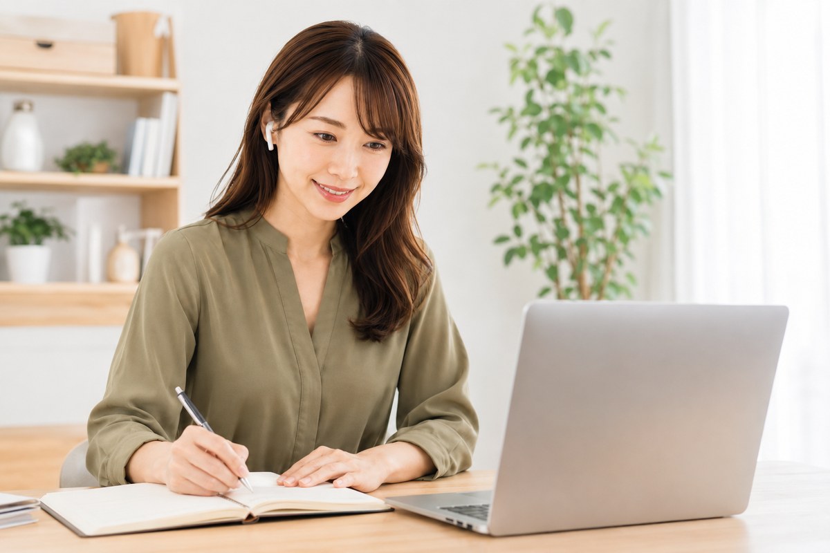 イヤホンをつけてオンライン講座を受けながらメモを取る女性