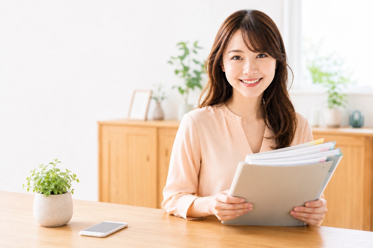 整理し終えた申告書類のファイルを手に安心する女性