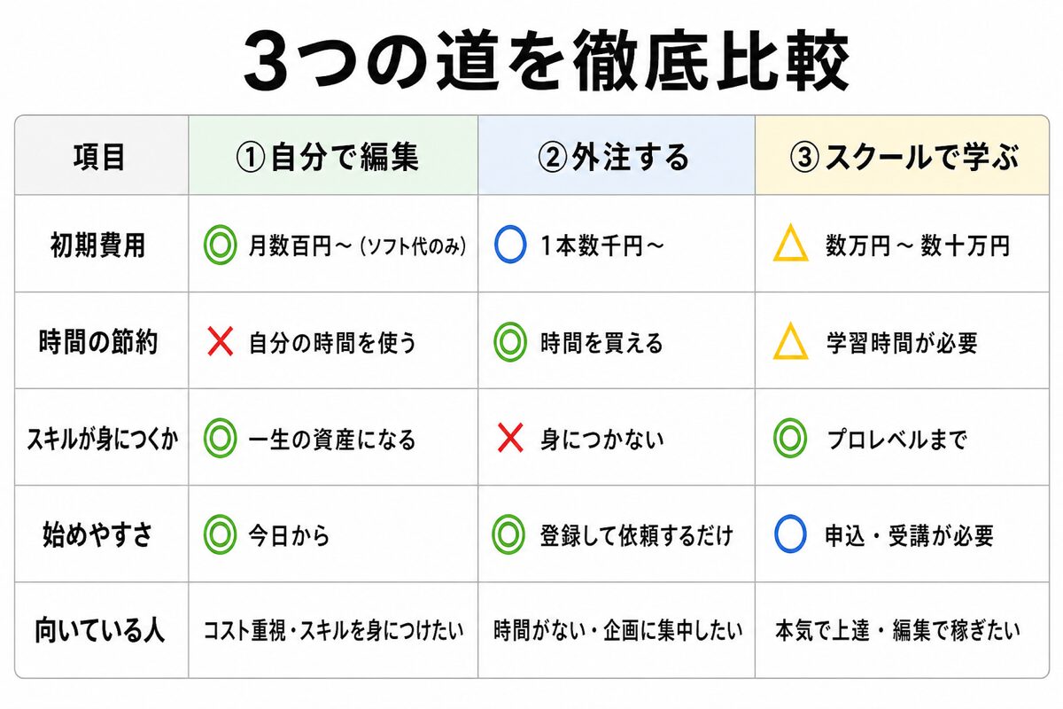 自分で編集・外注・スクールの初期費用・時間・スキル・始めやすさ比較表