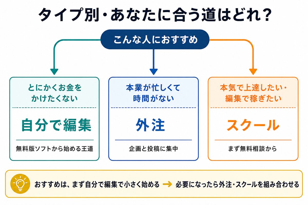 タイプ別に選ぶ動画編集の道(コスト重視・時間なし・本気で上達)の分岐図解
