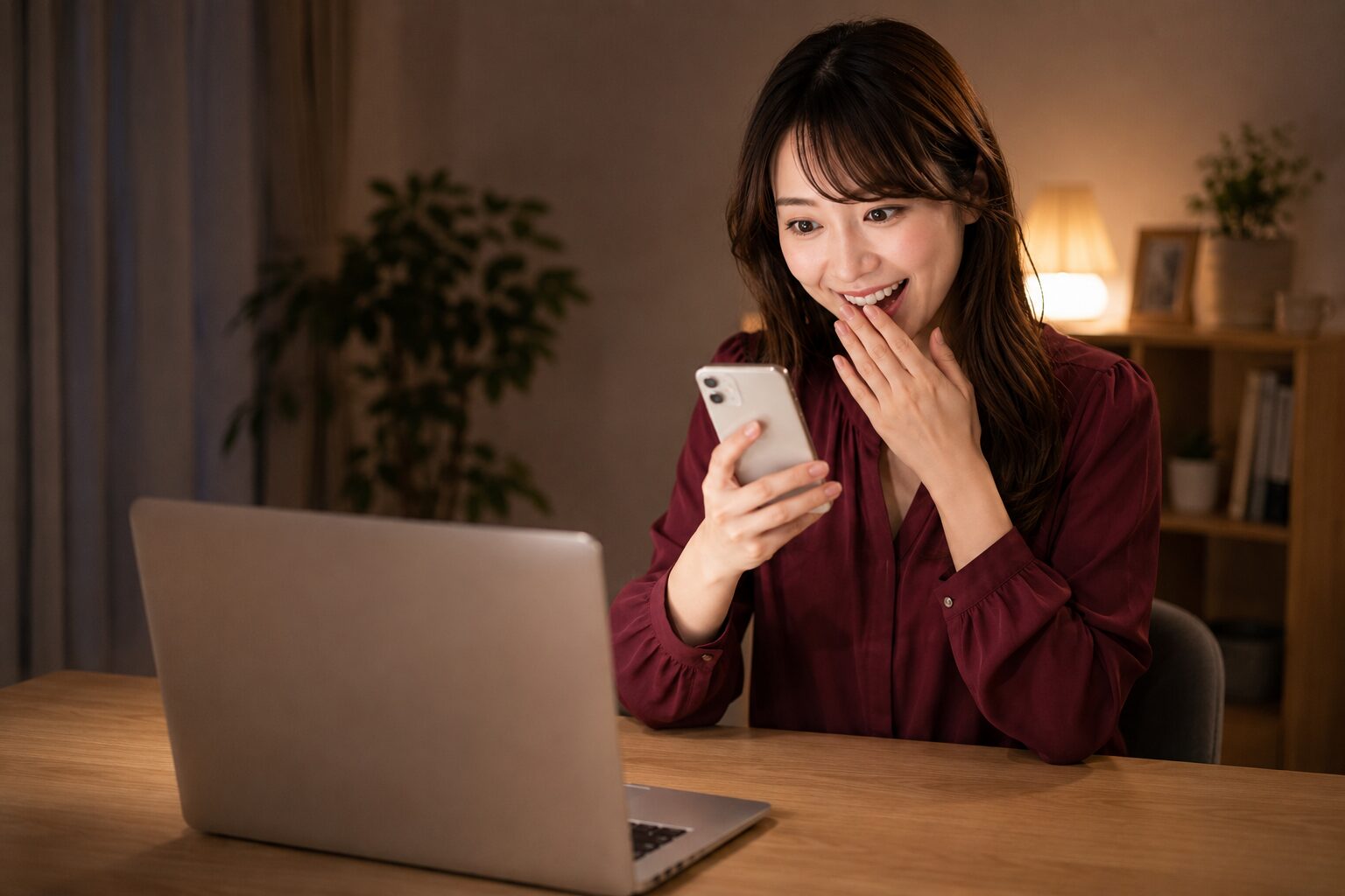 夜にスマホの通知を見て驚きと喜びの表情を浮かべる女性