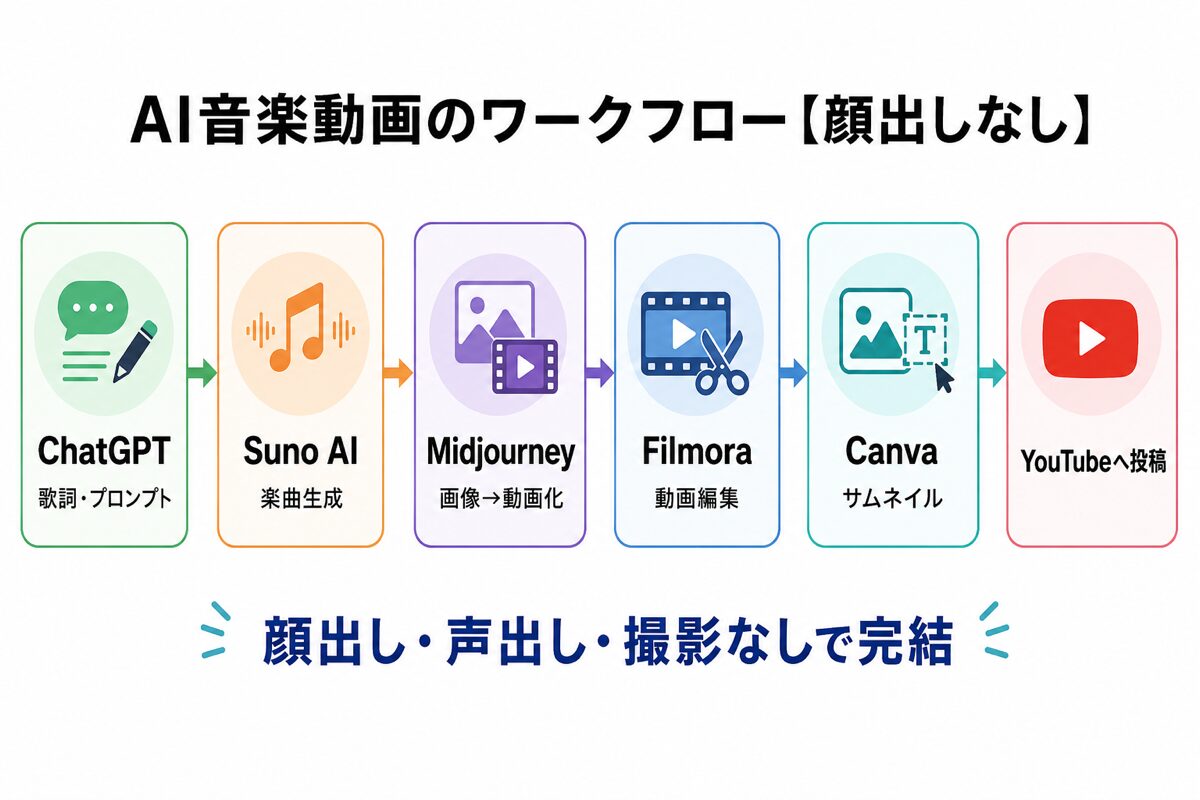 AI音楽動画副業ワークフロー全体図