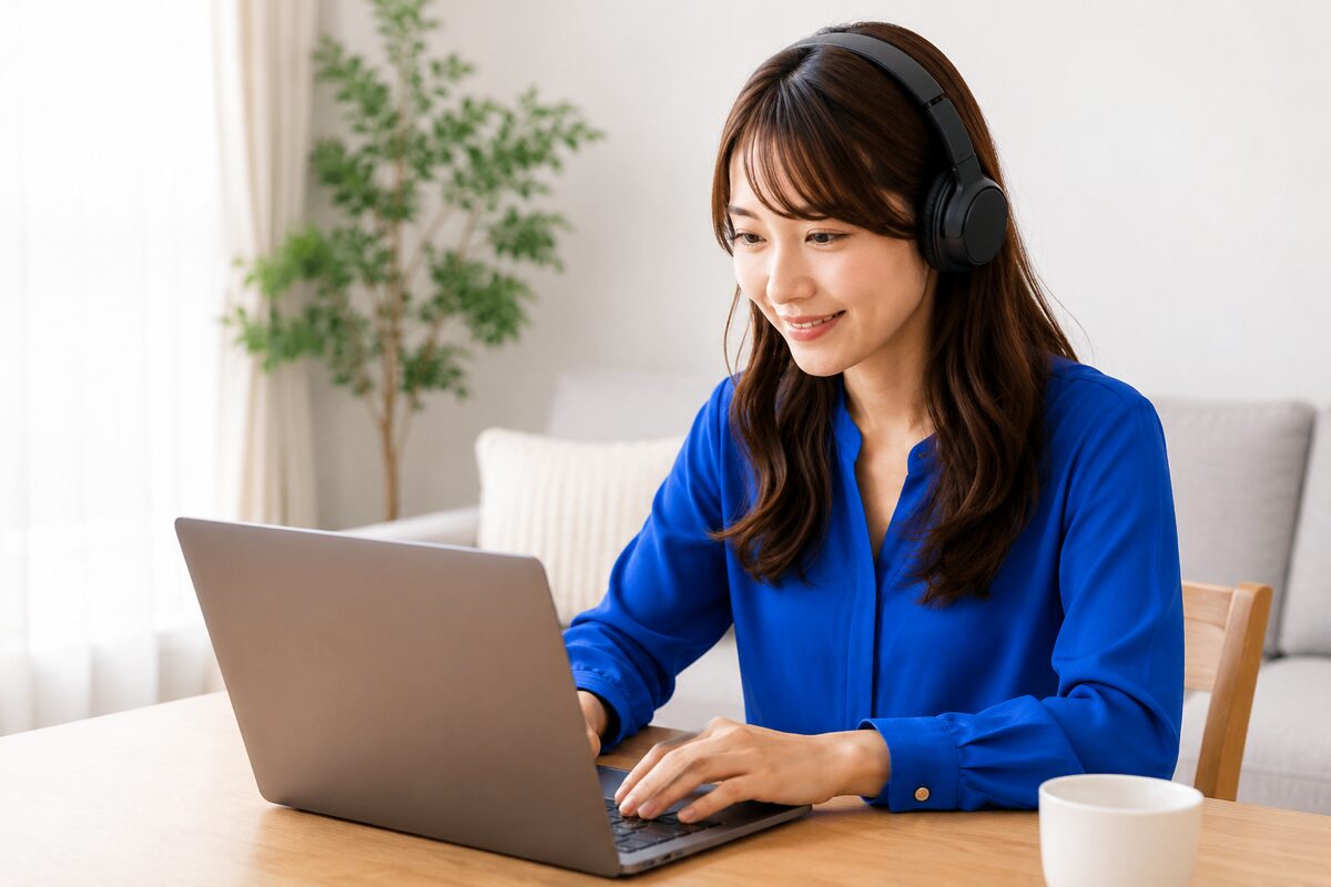 ヘッドホンをつけて自宅で動画編集の作業に集中する会社員のイメージ