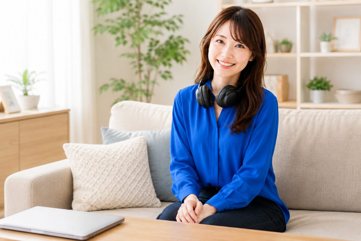 作業を終えてヘッドホンを首にかけてくつろぐ会社員のイメージ