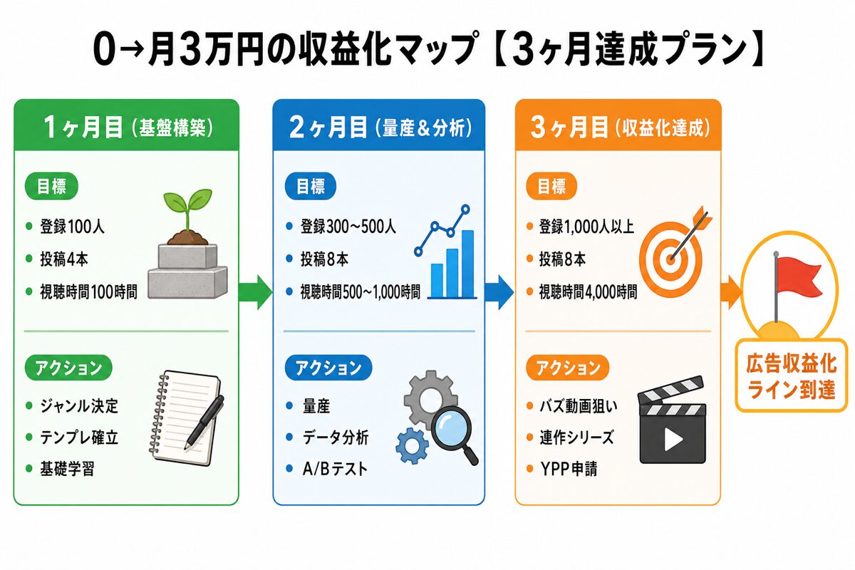 YouTube収益化3ヶ月達成プランの月別目標とアクションのロードマップ図解