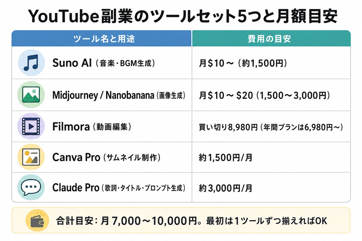 YouTube副業のツールセット5つ(Suno AI・Midjourney・Filmora・Canva Pro・Claude Pro)と月額目安の図解