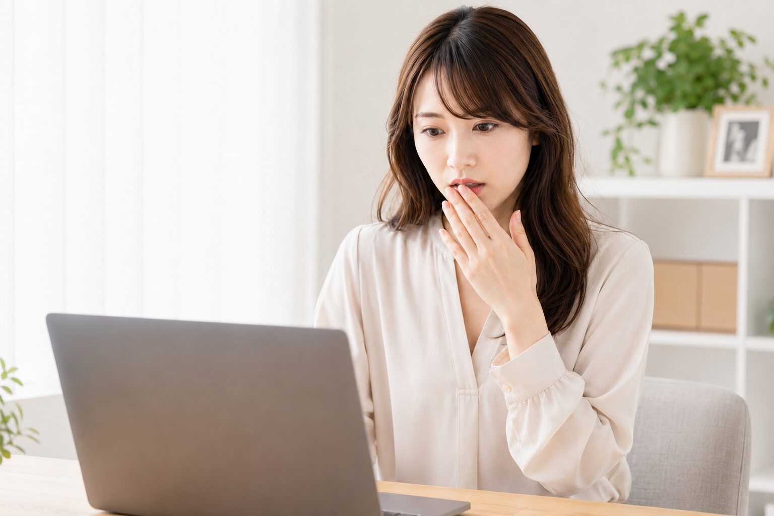 収益化停止の通知を見て不安になる女性