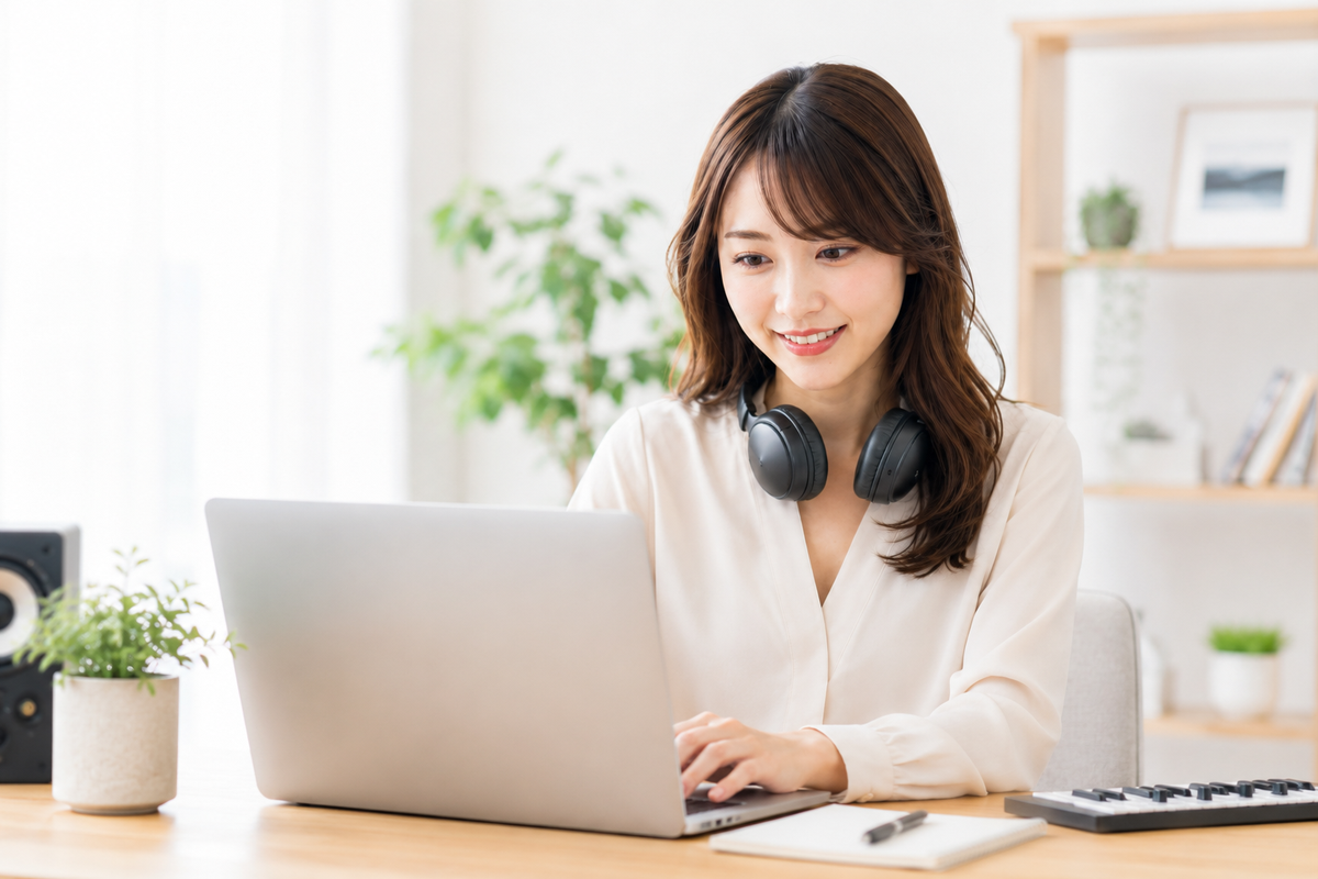 パソコンでSunoの曲ライブラリを整理してダウンロードする女性